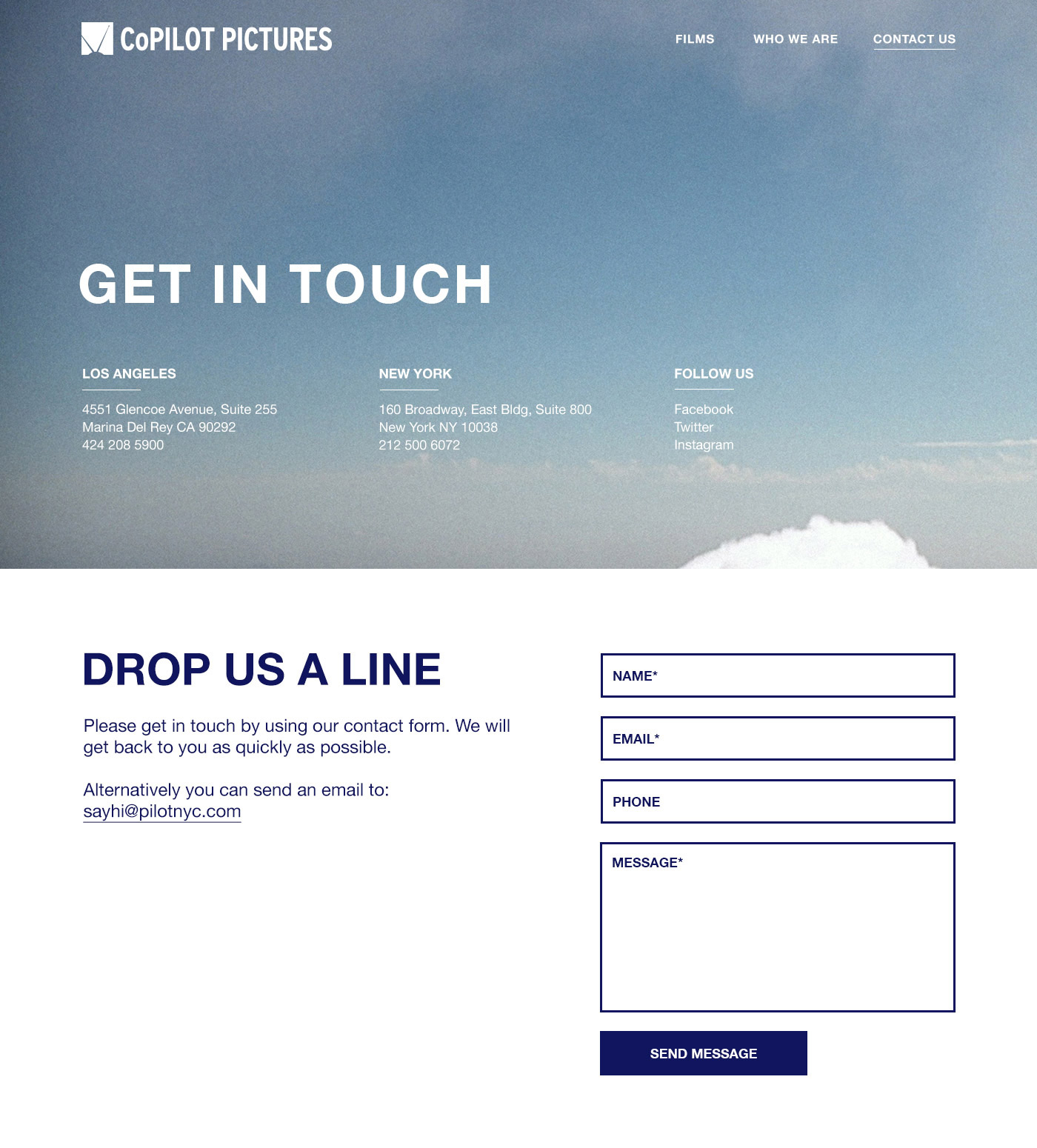 CoPilot Pictures Website Contact Page Design